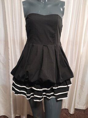 POETRY Y2K Black Strapless Cotton Mini Dress Tiered Ruffles Bubble Hem Size S